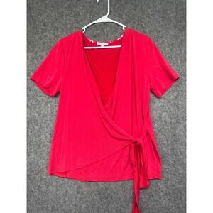 Laju Los Angeles Womens Red Short Sleeve Side Tie Wrap Top‎ Blouse Size L